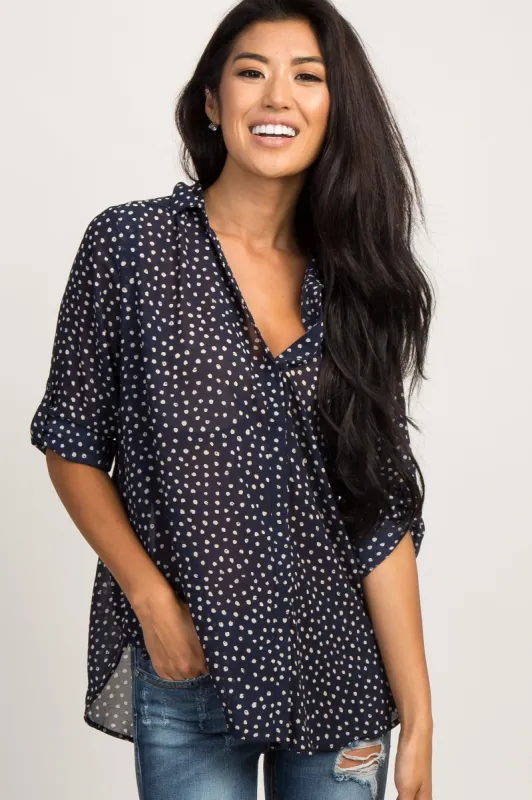 Navy Blue Polka Dot Chiffon Blouse sold by Pinkblush