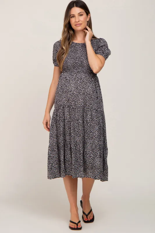 Black Animal Print Smocked Maternity Midi Dress sold by Pinkblush