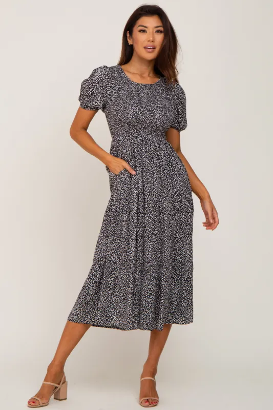 Black Animal Print Smocked Midi Dress sold by Pinkblush