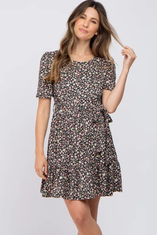 Black Floral Waist Tie Ruffle Hem Maternity Dress sold by Pinkblush