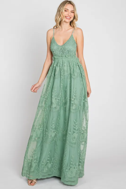 Mint Green Crochet Lace Open Back Maxi Dress sold by Pinkblush