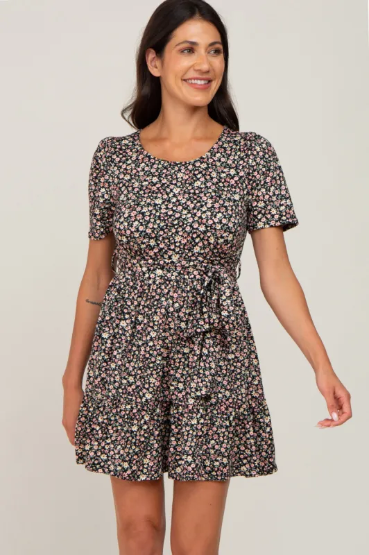 Black Floral Waist Tie Ruffle Hem Dress sold by Pinkblush