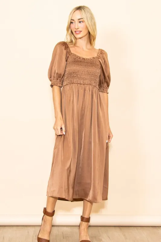 Mocha Satin Smocked Midi Dress sold by Pinkblush