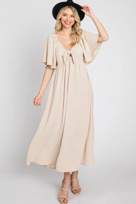 Beige Textured Dot Front Tie Ruffle Sleeve Midi Dress sold by Pinkblush