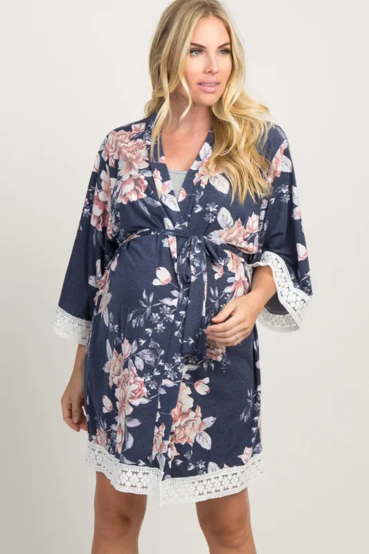 PinkBlush Navy Faded Floral Lace Trim Maternity Delivery/Nursing Robe sold by Pinkblush