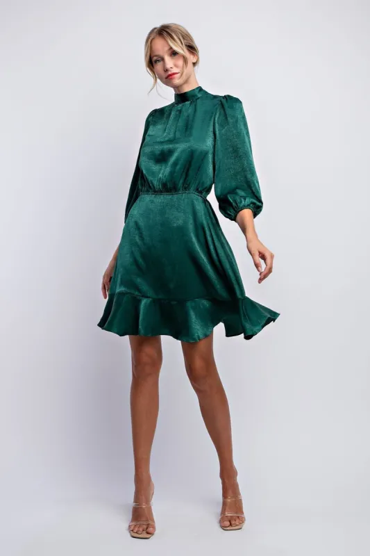 Hunter Green Ruffle Hem Tiered Satin Dress sold by Pinkblush