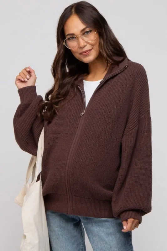 Brown Oversized Zip Up Maternity Cardigan sold by Pinkblush