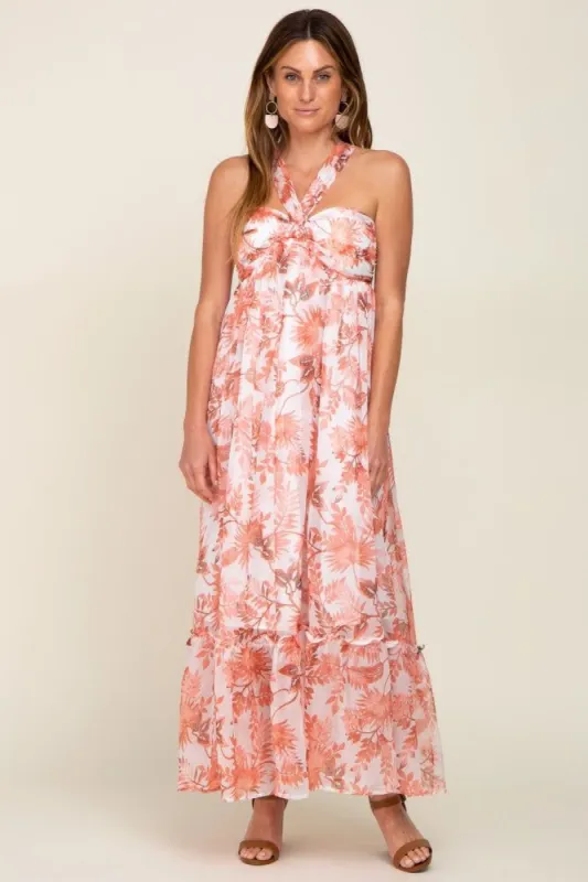 Rust Floral Chiffon Halter Maxi Dress sold by Pinkblush