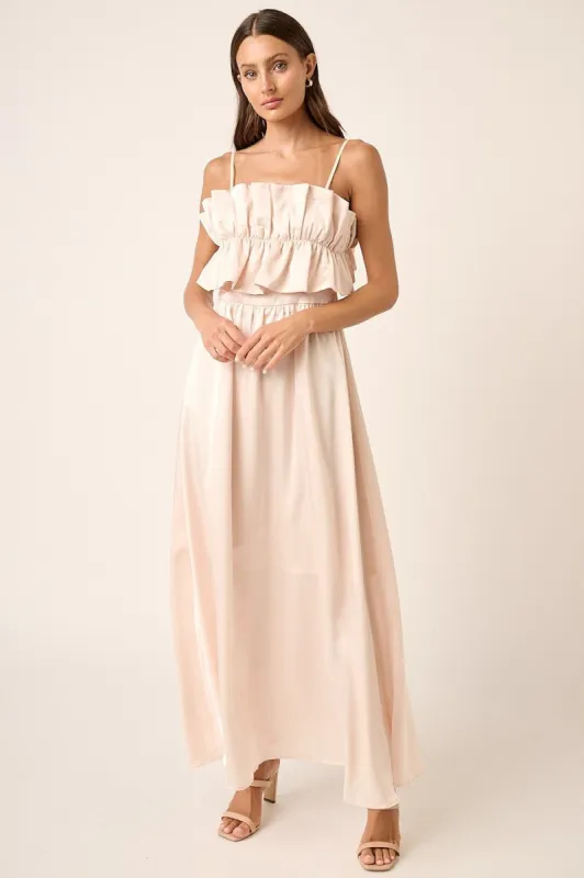 Champagne Satin Ruffle Bust Back Tie Maxi Dress sold by Pinkblush