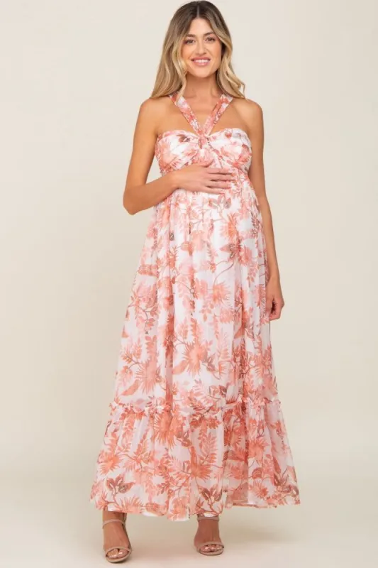 Rust Floral Chiffon Halter Maternity Maxi Dress sold by Pinkblush
