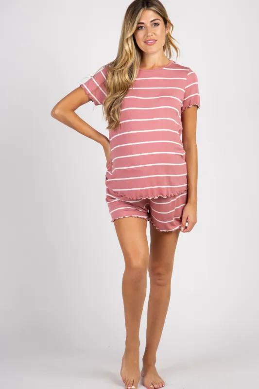 PinkBlush Mauve Striped Ruffle Trim Maternity Pajama Set sold by Pinkblush