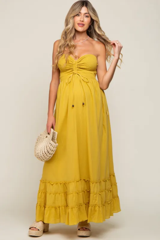 Yellow Smocked Cutout Back Maternity Maxi Dress made by Pinkblush