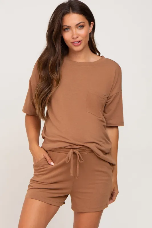 Camel Pocket Front Maternity Pajama Short Set sold by Pinkblush