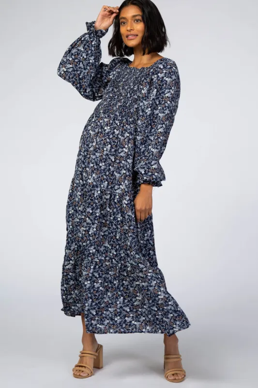 Navy Blue Floral Square Neck Smocked Maternity Maxi Dress sold by Pinkblush
