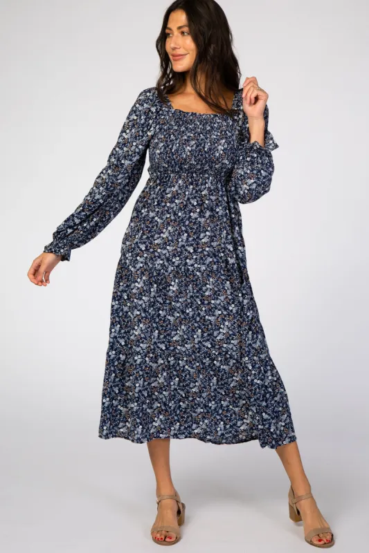 Navy Blue Floral Square Neck Smocked Maxi Dress sold by Pinkblush