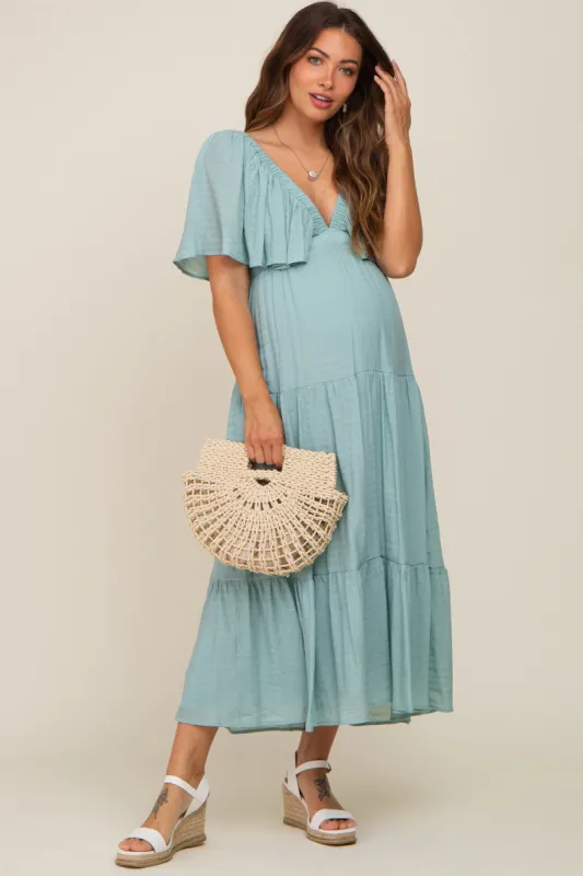 Mint Green Textured Stripe Deep V-Neck Layered Sleeve Maternity Maxi Dress sold by Pinkblush