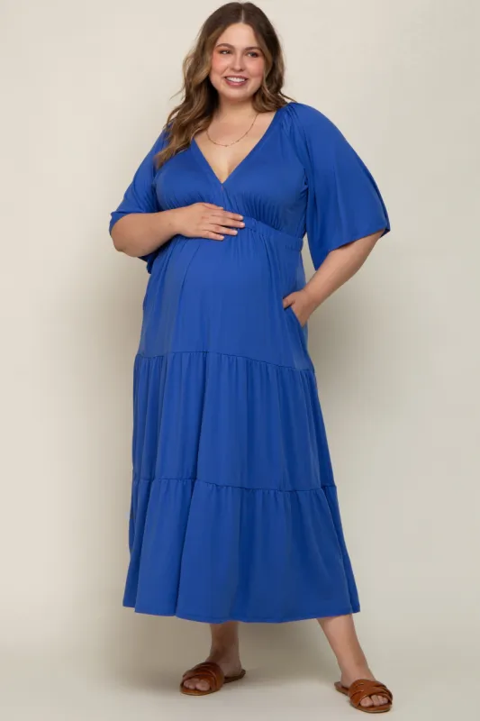 Royal Blue Deep V-Neck Tiered Maternity Plus Maxi Dress sold by Pinkblush