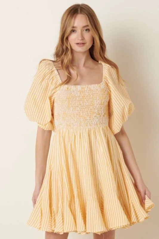 Yellow Stripe Smocking Bodice Mini Dress sold by Pinkblush