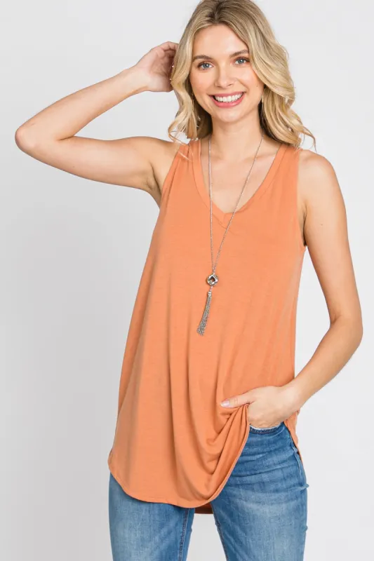 Orange V-Neck Tank Top sold by Pinkblush