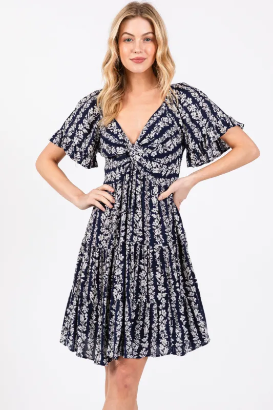 Navy Blue Floral Front Knot Twist Dress sold by Pinkblush