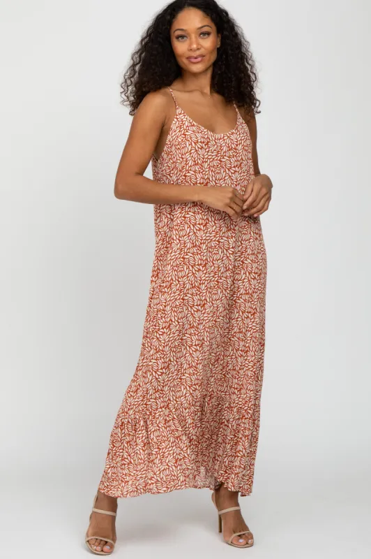 Rust Leaf Print Ruffle Hem Sleeveless Maxi Dress sold by Pinkblush