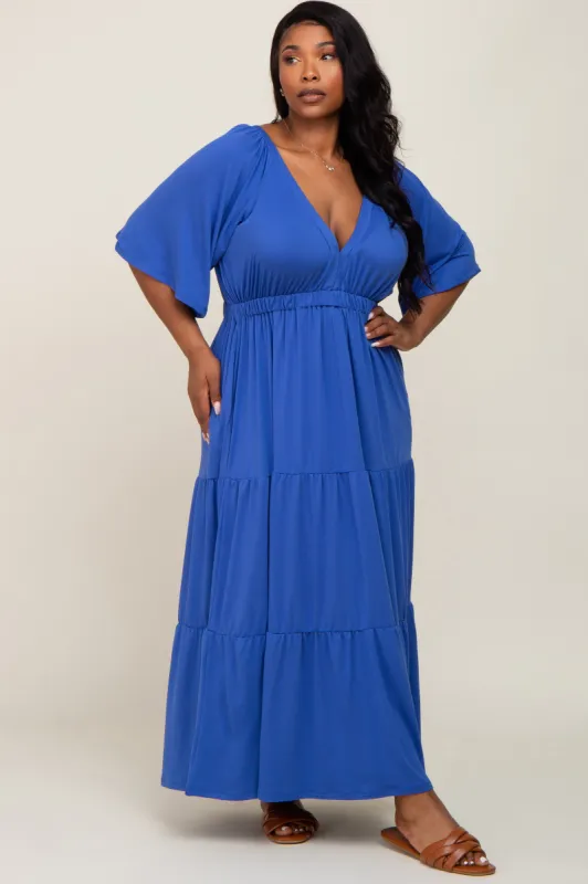 Royal Blue Deep V-Neck Tiered Plus Maxi Dress sold by Pinkblush