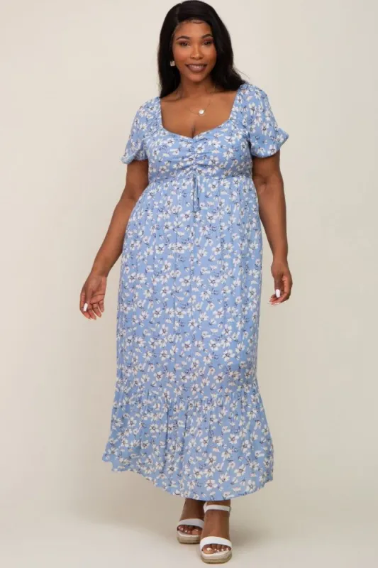 Blue Floral Sweetheart Drawstring Neck Short Sleeve Plus Midi Dress sold by Pinkblush