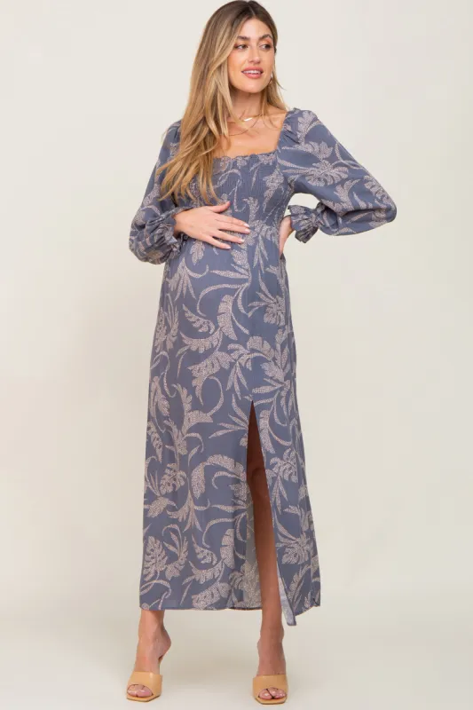 Blue Leaf Print Smocked Maternity Maxi Dress sold by Pinkblush
