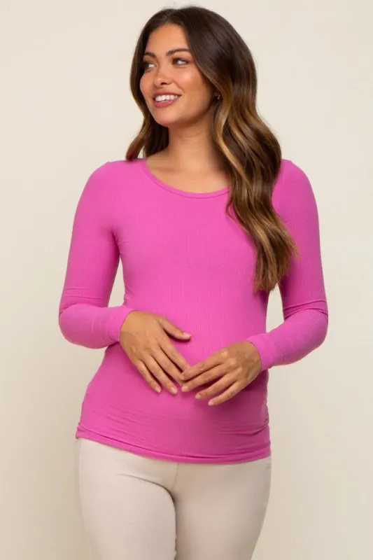 Fuchsia Ribbed Long Sleeve Maternity Top sold by Pinkblush