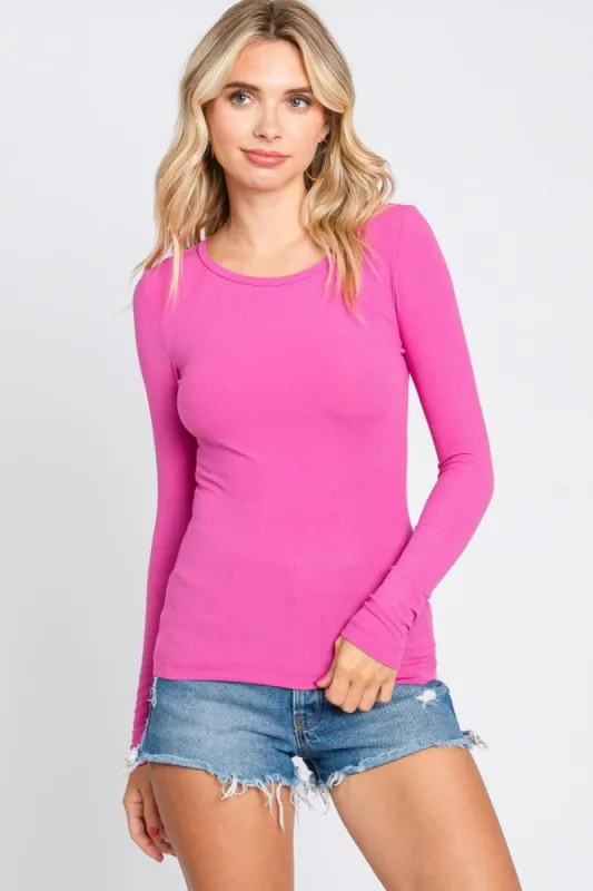 Fuchsia Ribbed Long Sleeve Top sold by Pinkblush