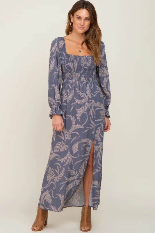Blue Leaf Print Smocked Maxi Dress sold by Pinkblush