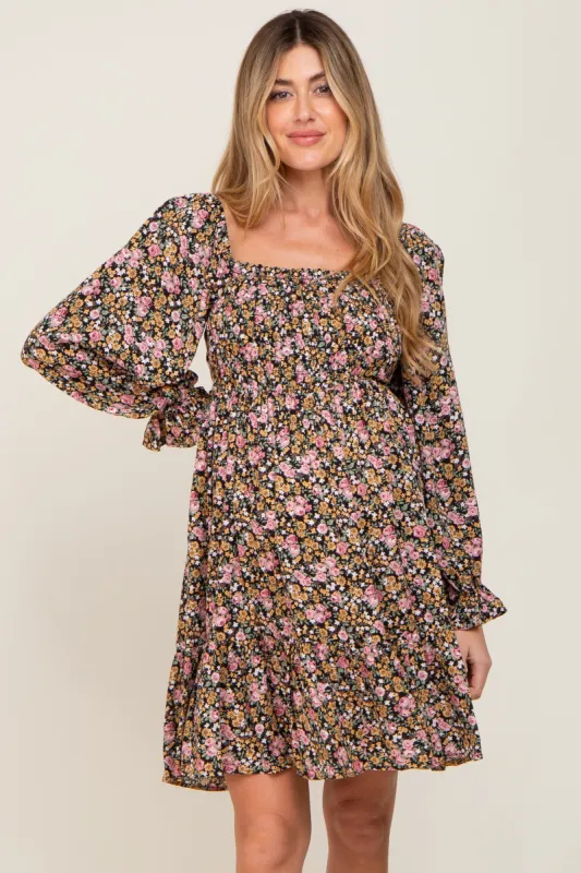 Black Floral Smocked Square Neck Maternity Dress sold by Pinkblush