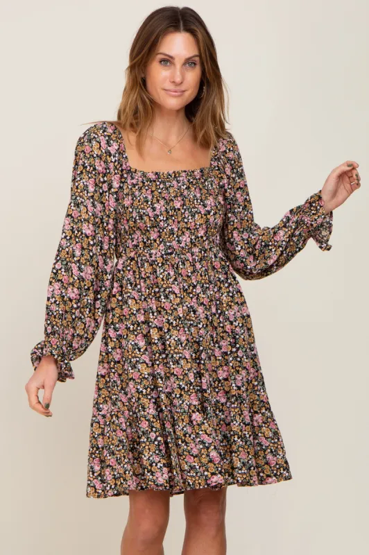 Black Floral Smocked Square Neck Dress sold by Pinkblush