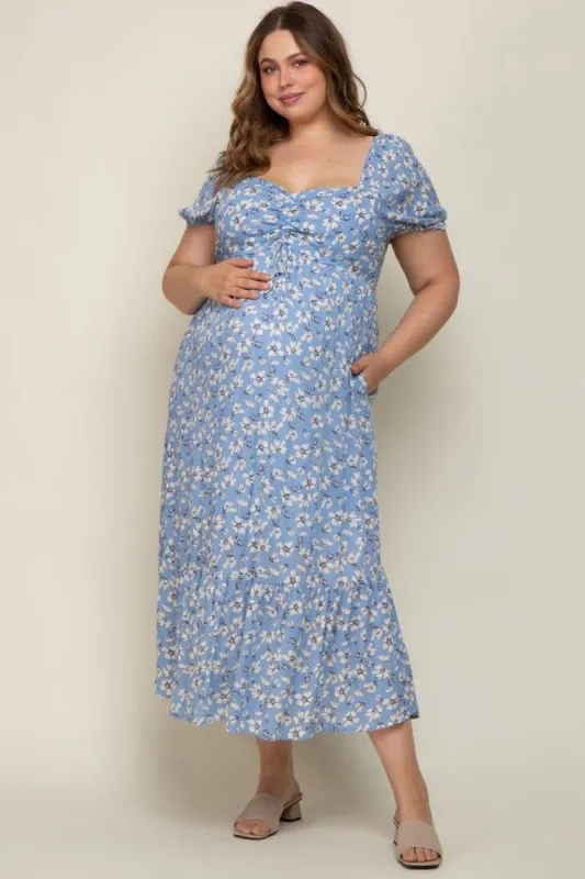 Blue Floral Sweetheart Drawstring Neck Short Sleeve Maternity Plus Midi Dress sold by Pinkblush