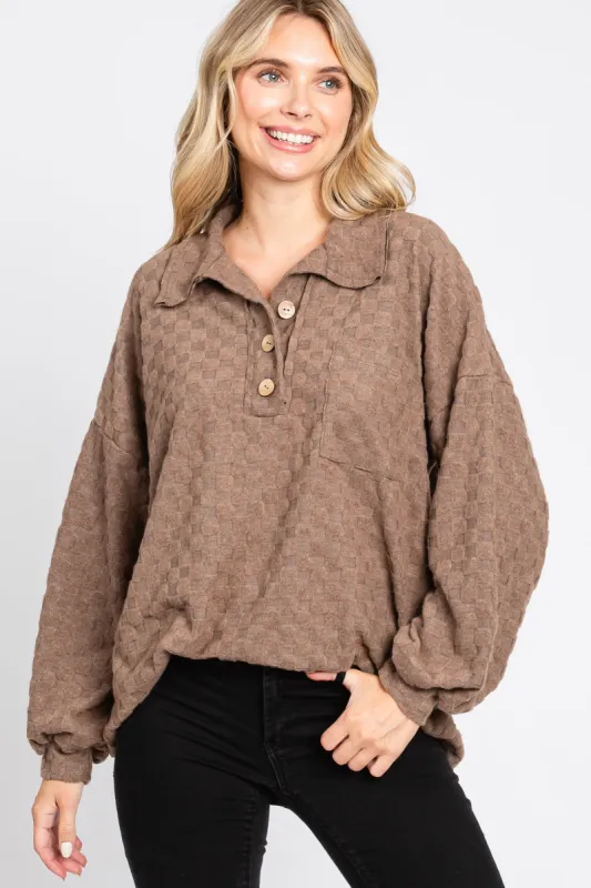 Mocha Fuzzy Checkered Button Front Top sold by Pinkblush