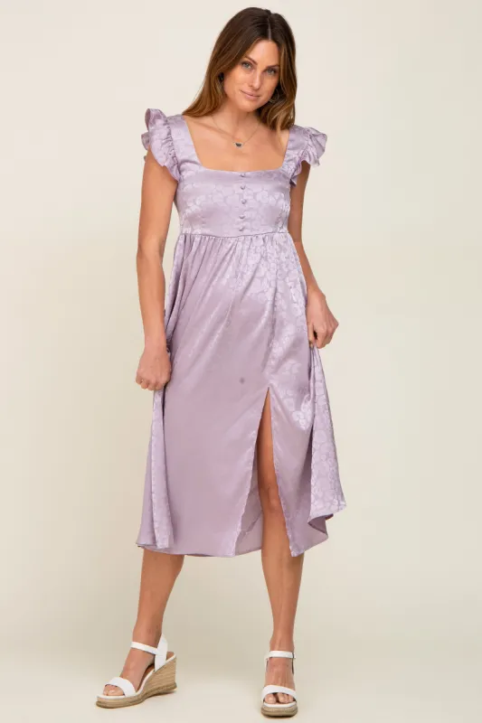 Lavender Satin Floral Square Neck Ruffle Strap Midi Dress sold by Pinkblush