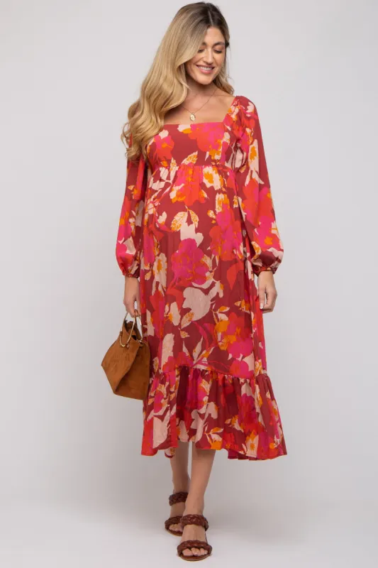 Rust Floral Square Neck Long Sleeve Maternity Midi Dress sold by Pinkblush