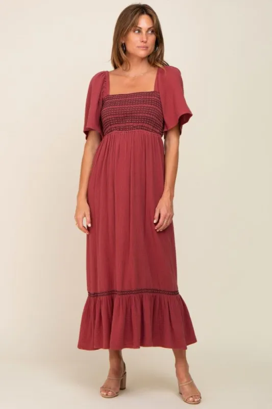 Burgundy Embroidered Smocked Square Neck Open Back Midi Dress sold by Pinkblush