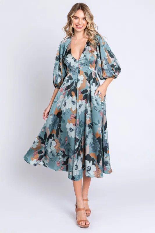 Light Teal Floral Satin Puff Sleeve Midi Dress sold by Pinkblush