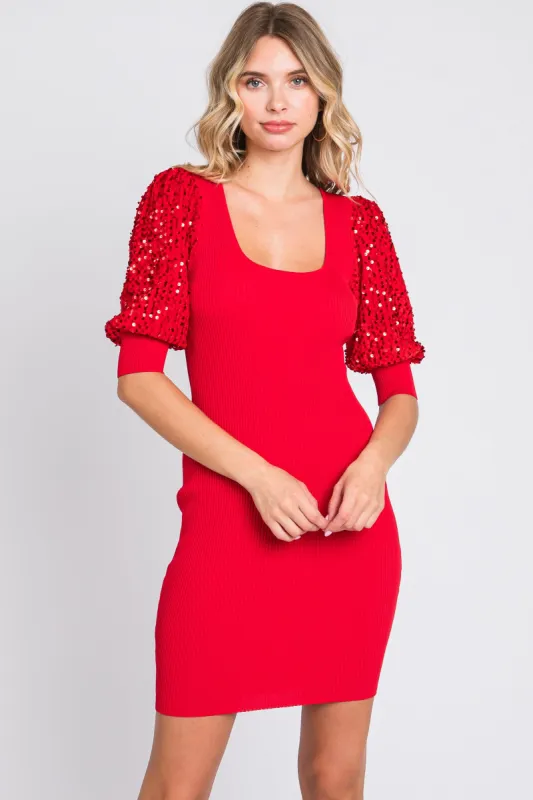 Red Ribbed Sequin Puff Sleeve Dress sold by Pinkblush