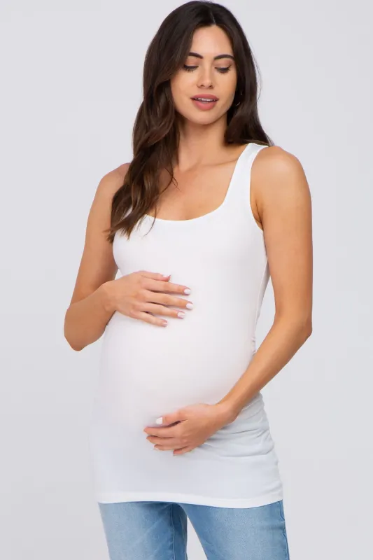 White Ruched Maternity Tank Top sold by Pinkblush