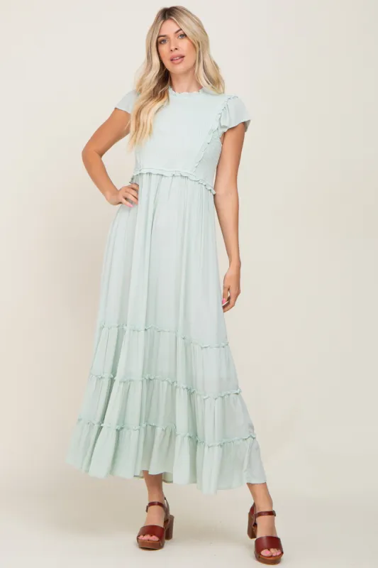 Mint Green Smocked Ruffle Accent Tiered Maxi Dress sold by Pinkblush