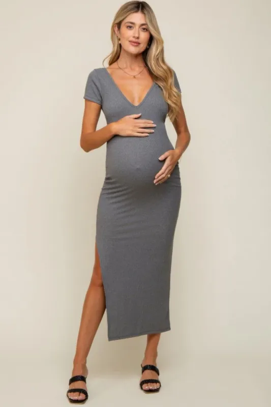 Grey Basic Ribbed Side Slit Maternity Midi Dress sold by Pinkblush