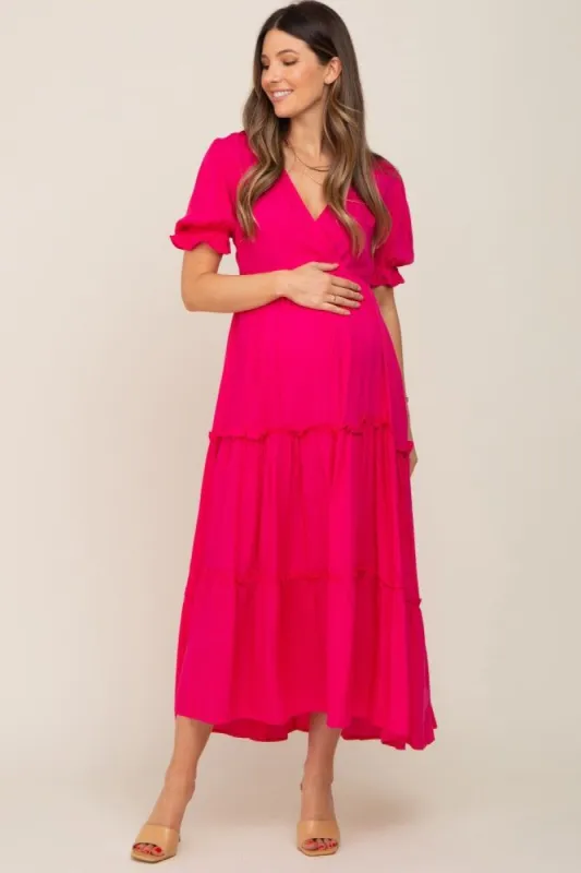 Fuchsia Wrap Front V-Neck Short Sleeve Tiered Maternity Maxi Dress sold by Pinkblush