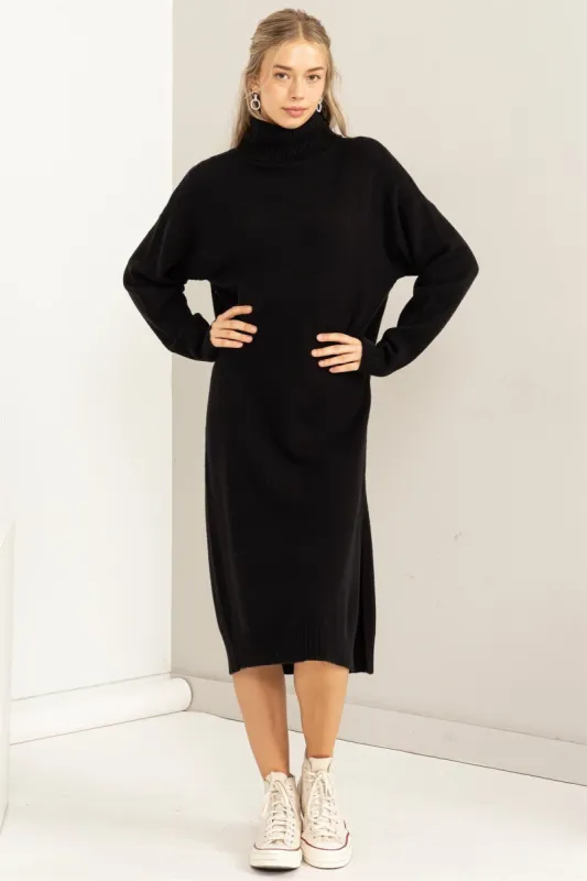 Black Turtleneck Side Slit Sweater Midi Dress sold by Pinkblush