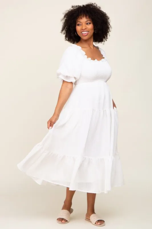 White Smocked Puff Sleeve Midi Dress sold by Pinkblush