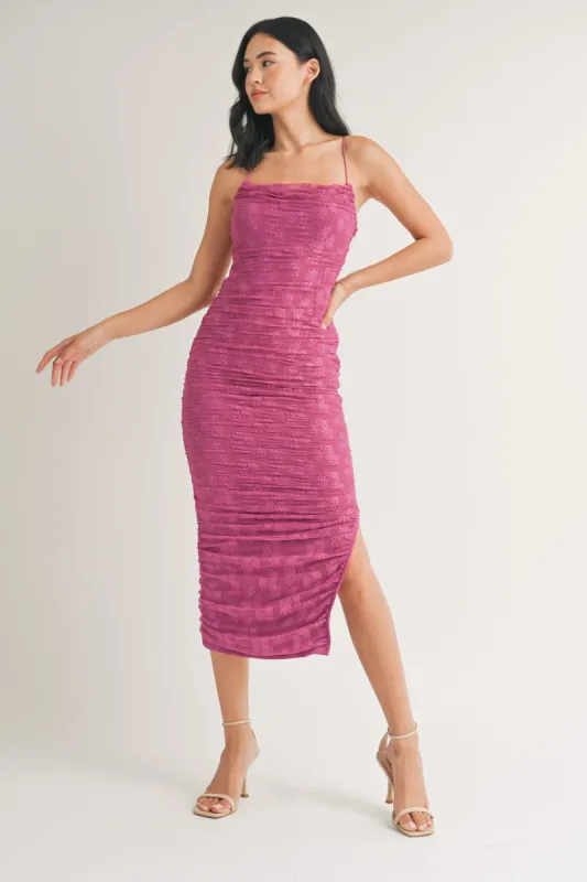 Magenta Floral Lace Ruched Cross Back Midi Dress sold by Pinkblush