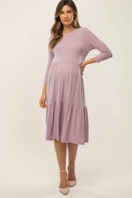Lavender Tiered Ribbed 3/4 Sleeve Maternity Midi Dress sold by Pinkblush