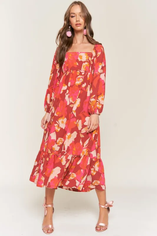 Rust Floral Square Neck Long Sleeve Midi Dress sold by Pinkblush