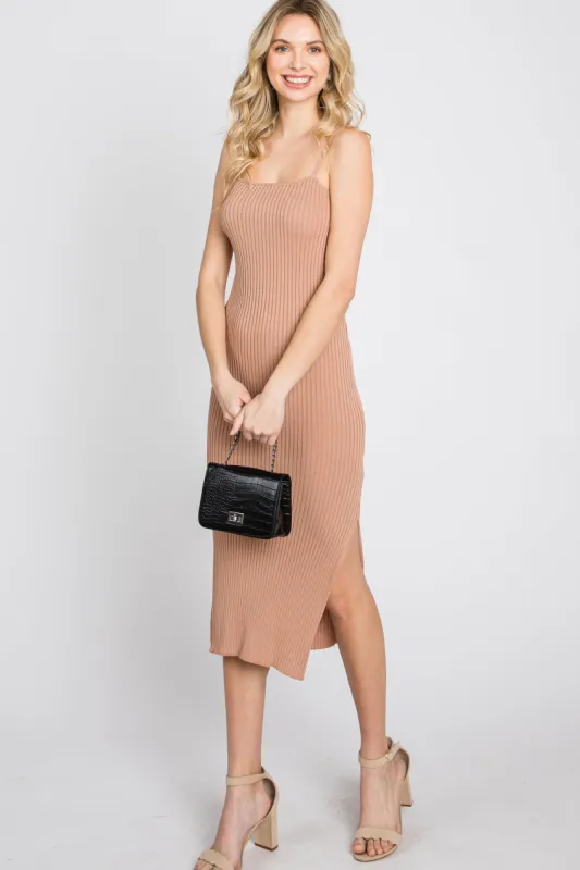 Mocha Ribbed Square Neck Side Slit Midi Dress sold by Pinkblush